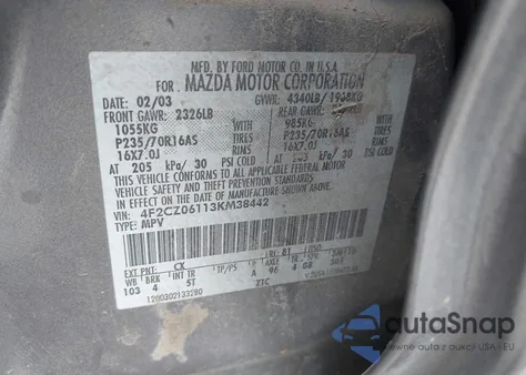 2003 Mazda Tribute Es V6 z USA, uszkodzony, nr VIN 4F2CZ06113KM38442